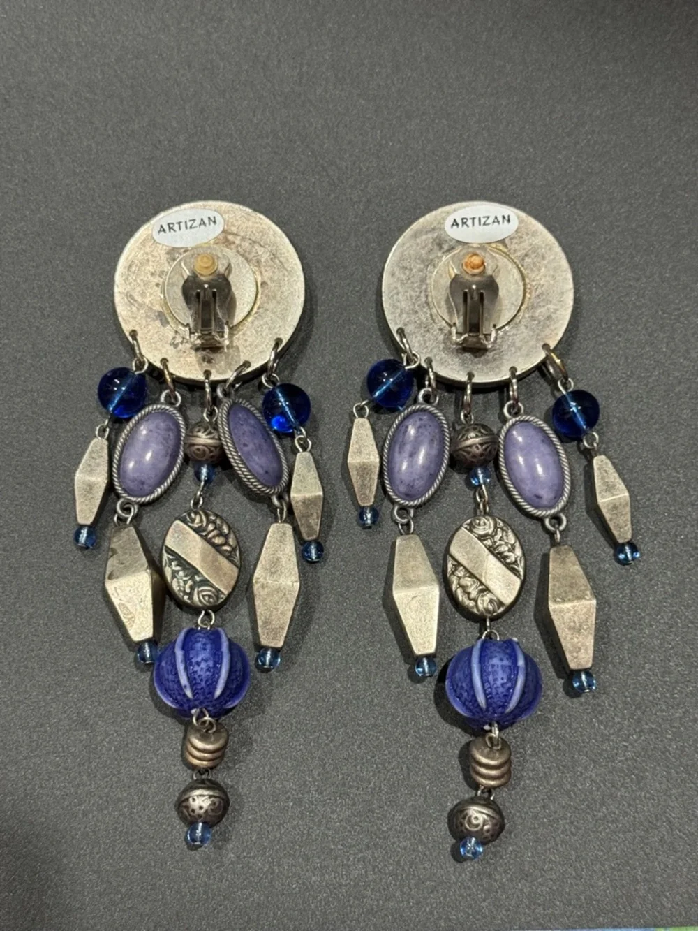 Artizen Blue and Silver Bohemian Dangle Clip On Earrings Tribal Western Jewelry